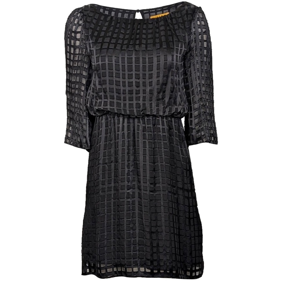 Alice + Olivia Black Silk Grid Burnout Mini Dress‎ Bell Sleeve size 6 k3